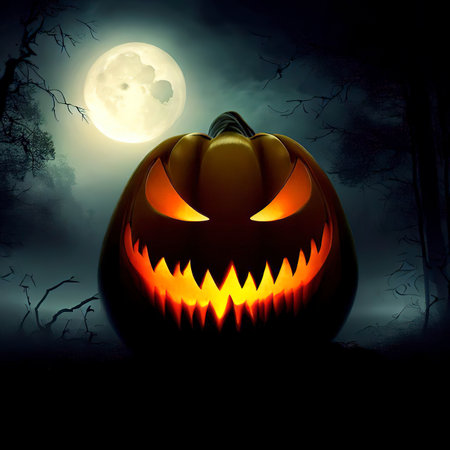 Halloween background. Spooky pumpkin with moon and dark forestの素材