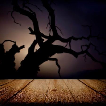 Old wood table and silhouette dead tree at night for Halloween backgroundの素材