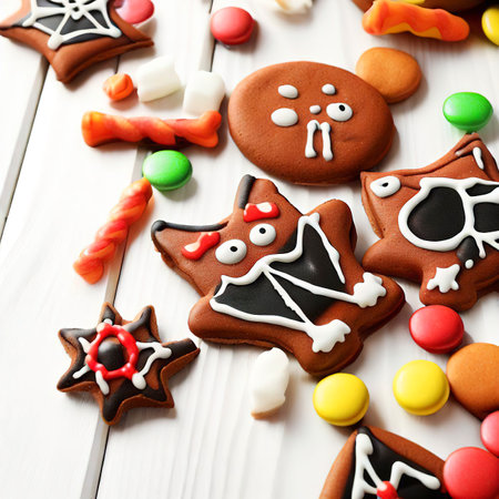 Halloween gingerbread cookies with candies on white wooden tableの素材