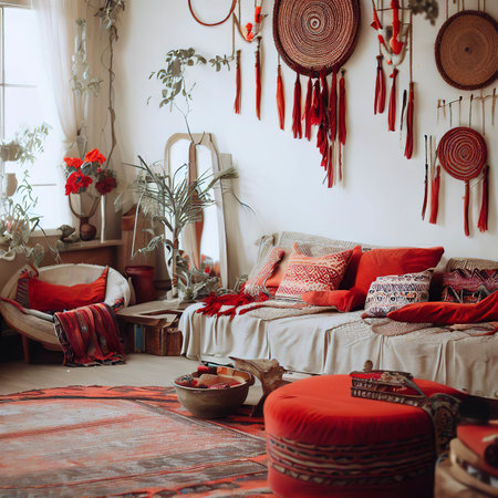 boho interior design with red accentsの素材