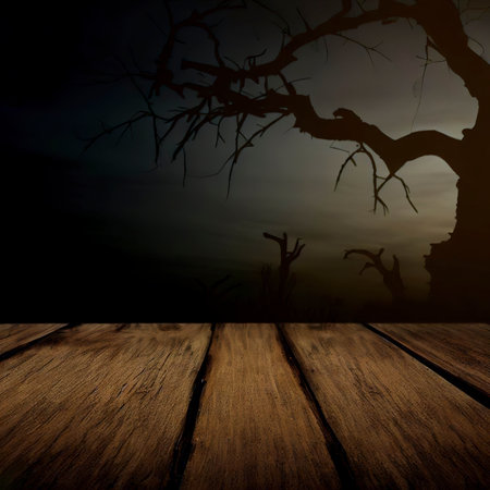 Old wood table and silhouette dead tree at night for Halloween backgroundの素材