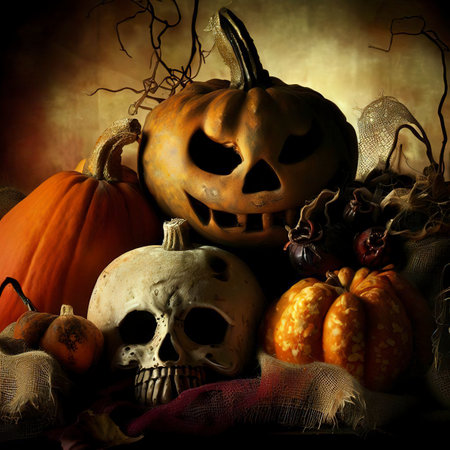 Still life with pumpkins for decorations Halloween backgroundの素材