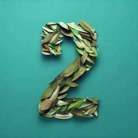 the number 2 made out of leaves, on a teal background, photorealisticの素材