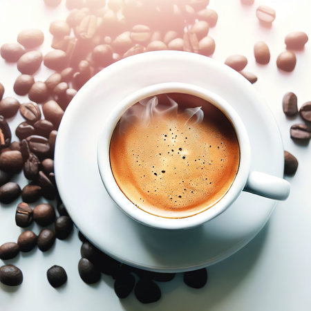 hot espresso and coffee bean on white table with soft-focus and over light in the background. top viewの素材