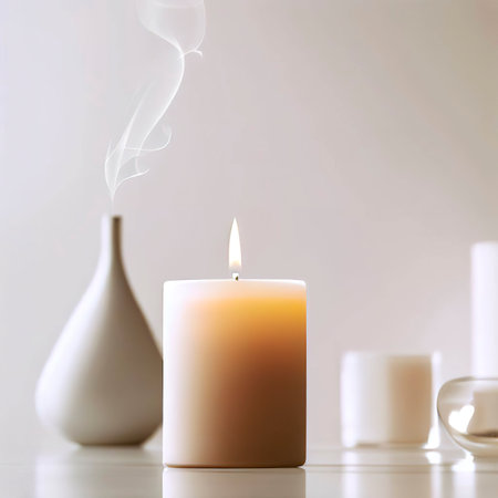 A scented candle on a white table with vases on a modern minimalist background.の素材