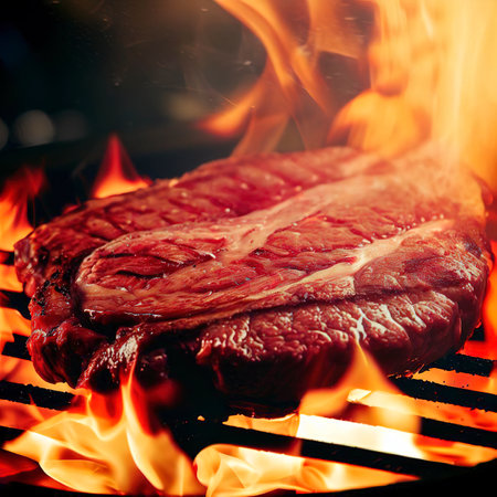 beef ribeye steak grilling on flaming grill during 4th of julyの素材