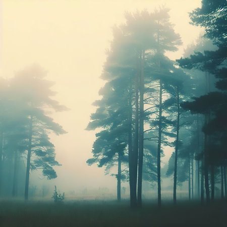 Pine landscape with fog.の素材