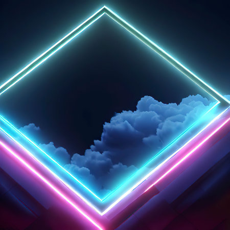 3d rendering, abstract futuristic background with neon geometric shape and stormy cloud on night sky. Rhombus frame with copy spaceの素材