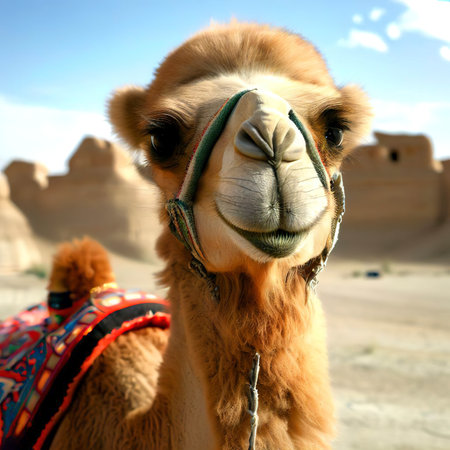 A cute camel in the Ghost City in Xinjiang, China.の素材