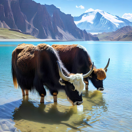 Alpine yaks drinking water in the Baisha Lake of Bulunkou Reservoir in southern Xinjiangの素材