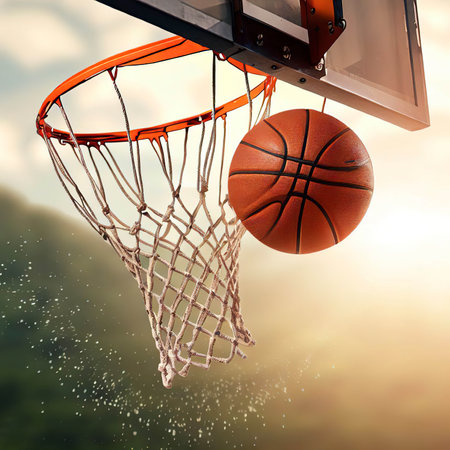 Action shot of basketball falls through basketball hoop and net on nature backgroundの素材