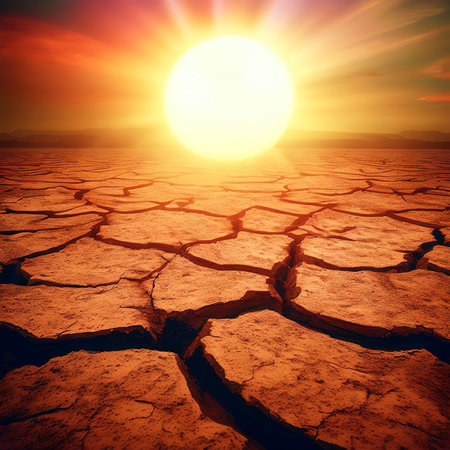 arid Clay soil Sun desert global worming concept cracked scorched earth soil drought desert landscape dramatic sunsetの素材