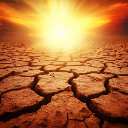arid Clay soil Sun desert global worming concept cracked scorched earth soil drought desert landscape dramatic sunsetの素材