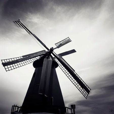 Black windmill against on sky in monochrome toneの素材