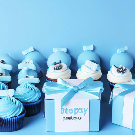 Blue theme baby boy cupcakes and baby favour gift boxes against blue background for baby shower or new born nursery greeting card conceptの素材