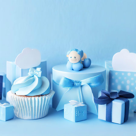 Blue theme baby boy cupcakes and baby favour gift boxes against blue background for baby shower or new born nursery greeting card conceptの素材