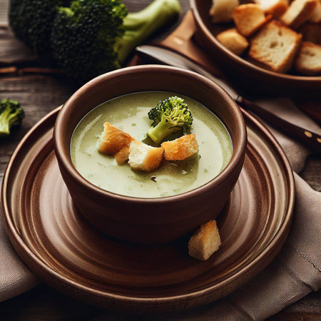 Bowl of cream broccoli soup with bread croutons on a wooden backgroundの素材