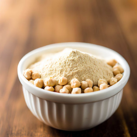 Chickpea flour in white ceramic bowl on wooden table with copy spaceの素材
