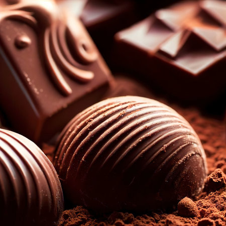 Chocolate bonbons and cocoa powder background. Close upの素材