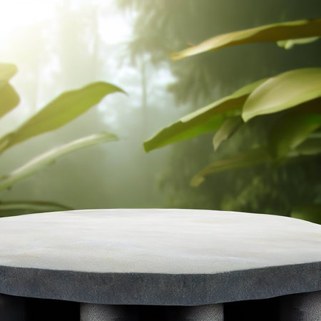 empty stone podium with nature tropical leavesの素材