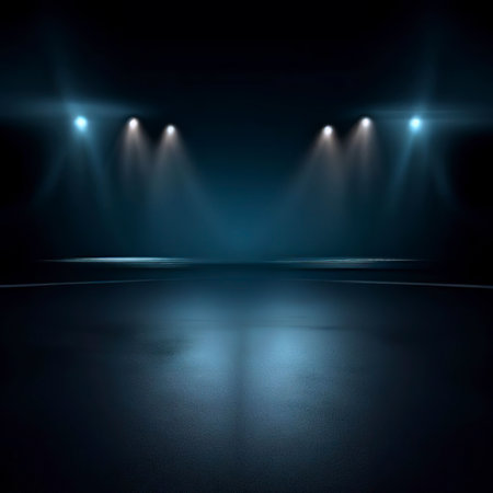 Dark street, asphalt abstract dark blue background, empty dark scene, neon light, spotlightsの素材