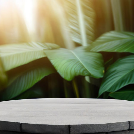 empty stone podium with nature tropical leavesの素材