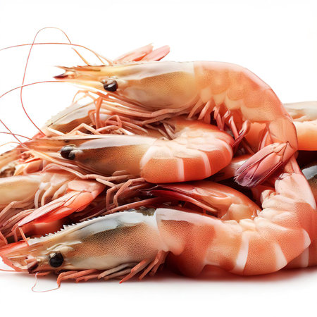 fresh prawns piled isolated on white backgroundの素材
