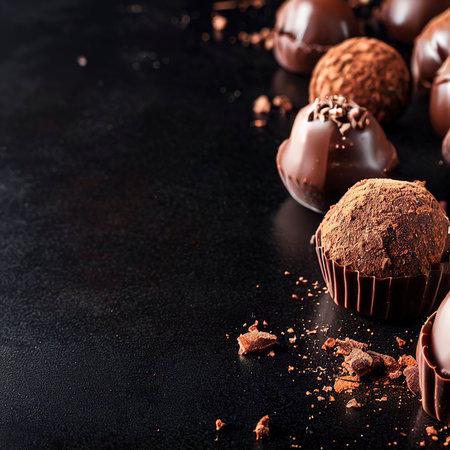 Homemade Chocolate Truffles On Black Background. Copy Spaceの素材