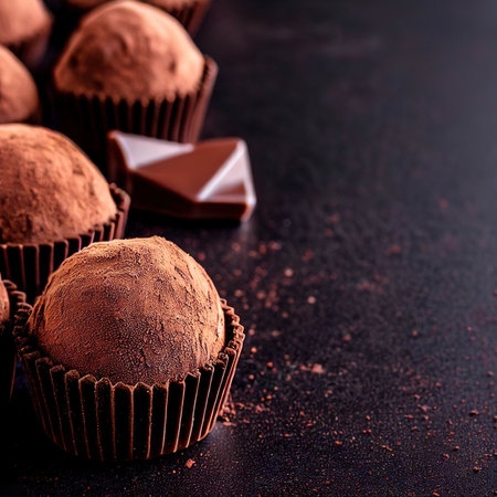 Homemade Chocolate Truffles On Black Background. Copy Spaceの素材