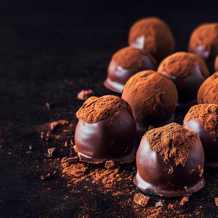 Homemade Chocolate Truffles On Black Background. Copy Spaceの素材