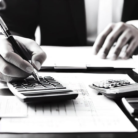 Tax payment concept. Business man using calculator for calculating taxesの素材