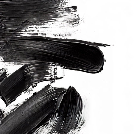 black brush strokes oil paints on white paper. Isolated on white background. Abstract creative backgroundの素材