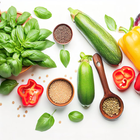 Cooking tasty and healthy food concept. Zucchini, peppers, basil and lentils on white background top viewの素材