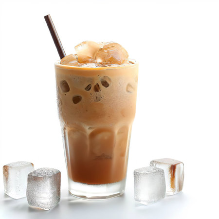 Iced Greek coffee frappe with ice cubes on white backgroundの素材