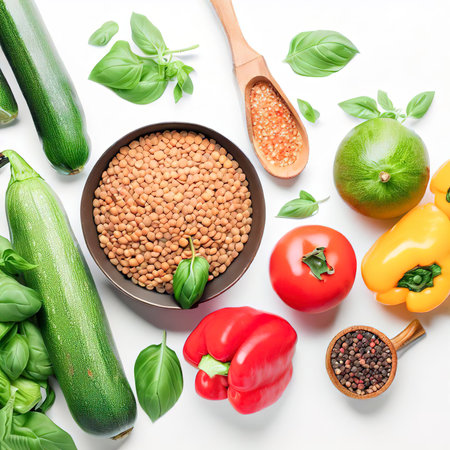 Cooking tasty and healthy food concept. Zucchini, peppers, basil and lentils on white background top viewの素材