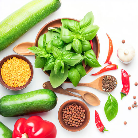 Cooking tasty and healthy food concept. Zucchini, peppers, basil and lentils on white background top viewの素材