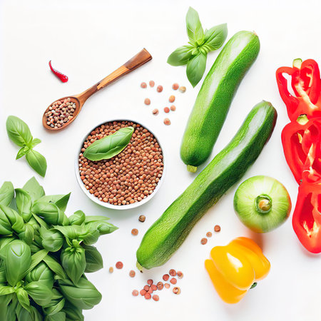 Cooking tasty and healthy food concept. Zucchini, peppers, basil and lentils on white background top viewの素材