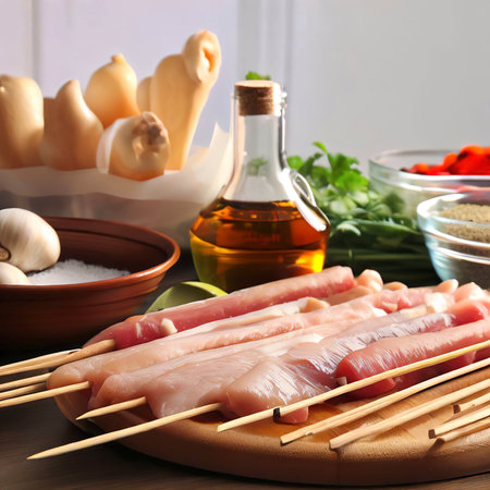 Ingredients For Making Turkey Skewers On Kitchen Tableの素材