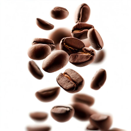Flying elite medium-rare coffee beans on a white backgroundの素材
