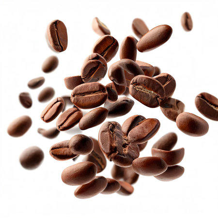 Flying elite medium-rare coffee beans on a white backgroundの素材
