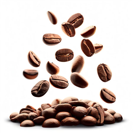 Flying elite medium-rare coffee beans on a white backgroundの素材