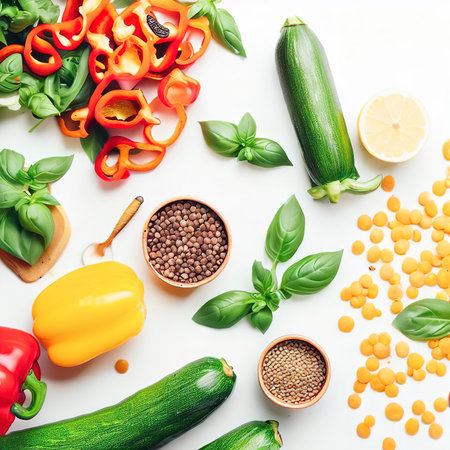Cooking tasty and healthy food concept. Zucchini, peppers, basil and lentils on white background top viewの素材