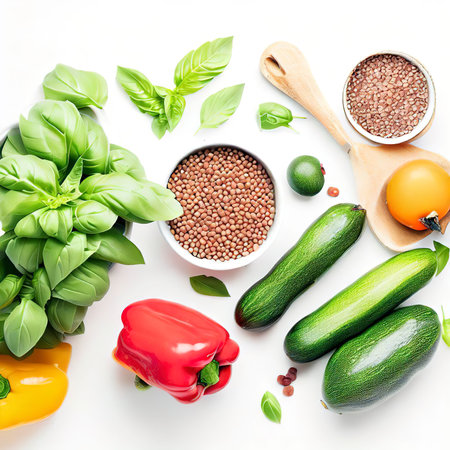 Cooking tasty and healthy food concept. Zucchini, peppers, basil and lentils on white background top viewの素材