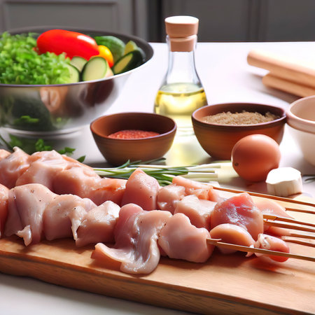Ingredients For Making Turkey Skewers On Kitchen Tableの素材