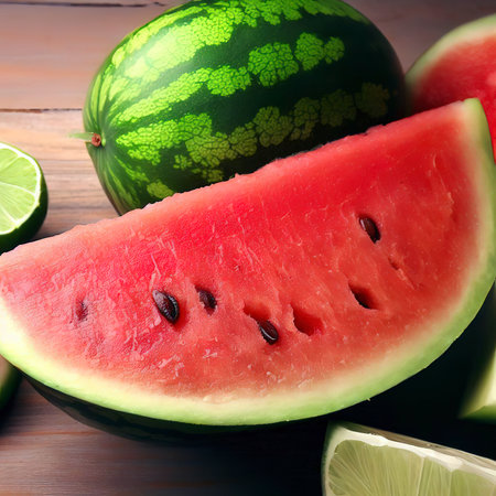 fresh watermelon and lime on wooden backgroundの素材