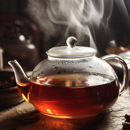 Hot tea is steamed in a glass teapot on a rustic tableの素材