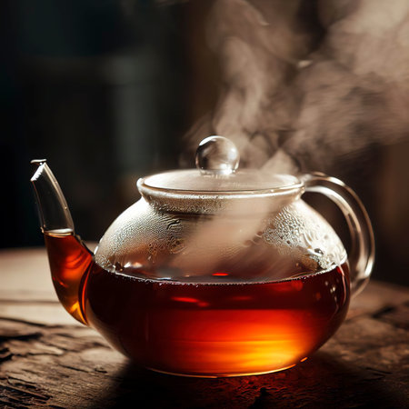 Hot tea is steamed in a glass teapot on a rustic tableの素材
