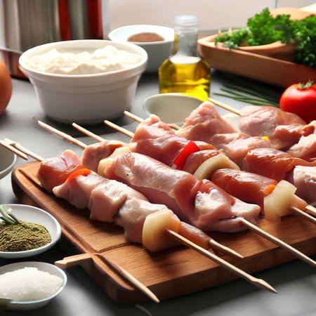 Ingredients For Making Turkey Skewers On Kitchen Tableの素材
