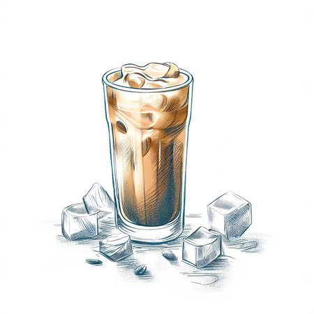 Iced Greek coffee frappe with ice cubes on white background. Cold coffee sketch with copy spaceの素材