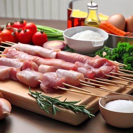 Ingredients For Making Turkey Skewers On Kitchen Tableの素材